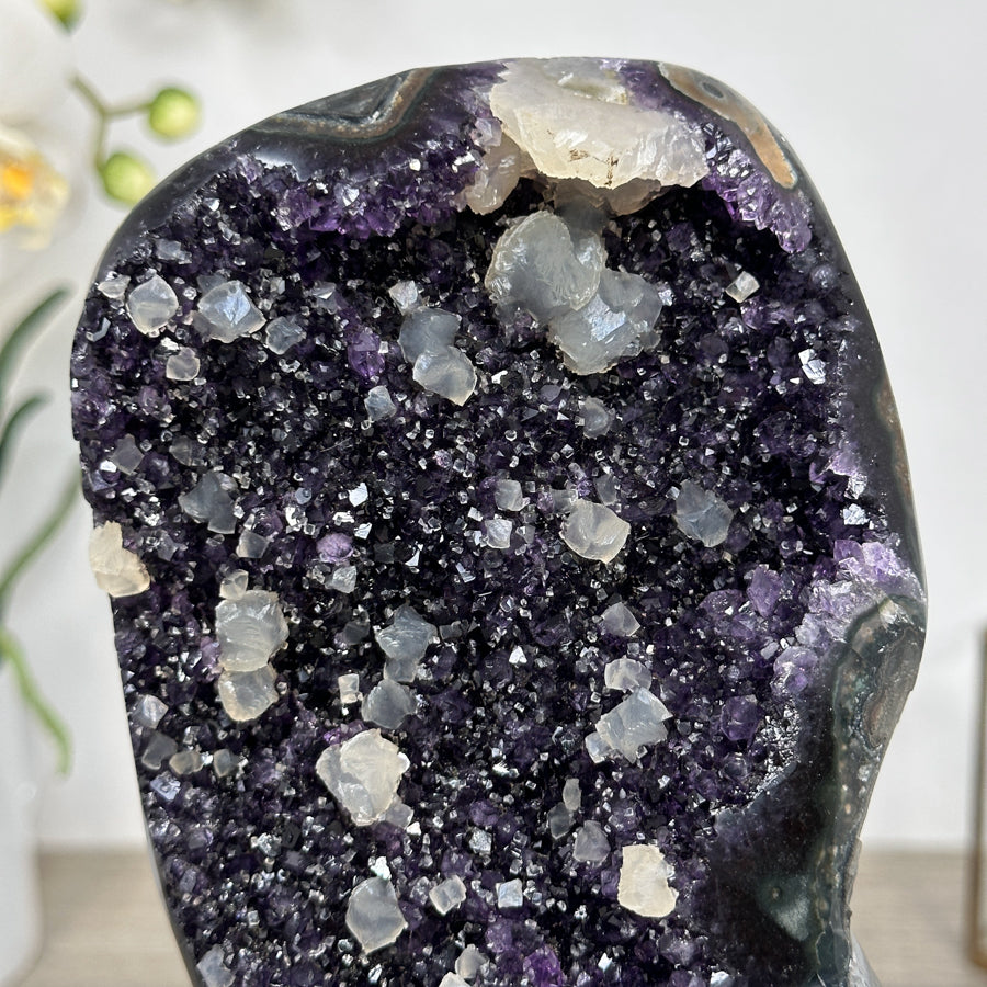 Natural Amethyst with Calcite Inclusions on Metal Stand - MWS2489