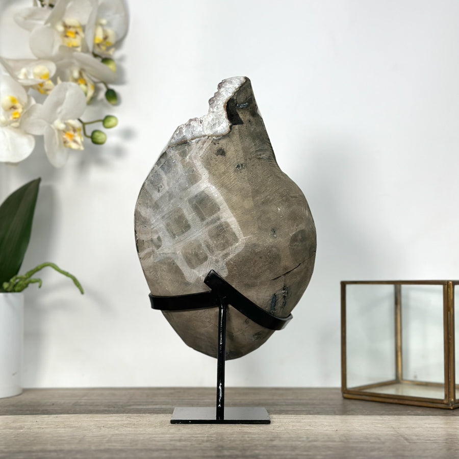 Smoky Sugar Quartz Geode on Metal Stand – Unique Crystal for Office Decor - MWS2740