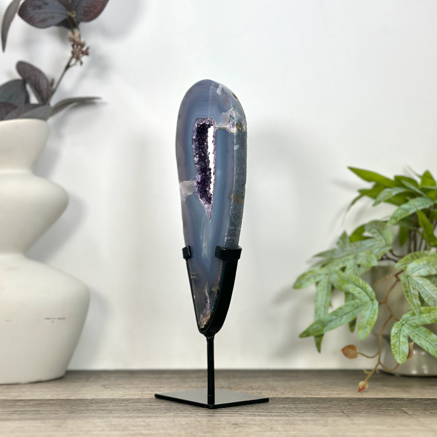 Natural Blue Banded Agate &amp; Amethyst Geode Portal with Stand - MWS3242