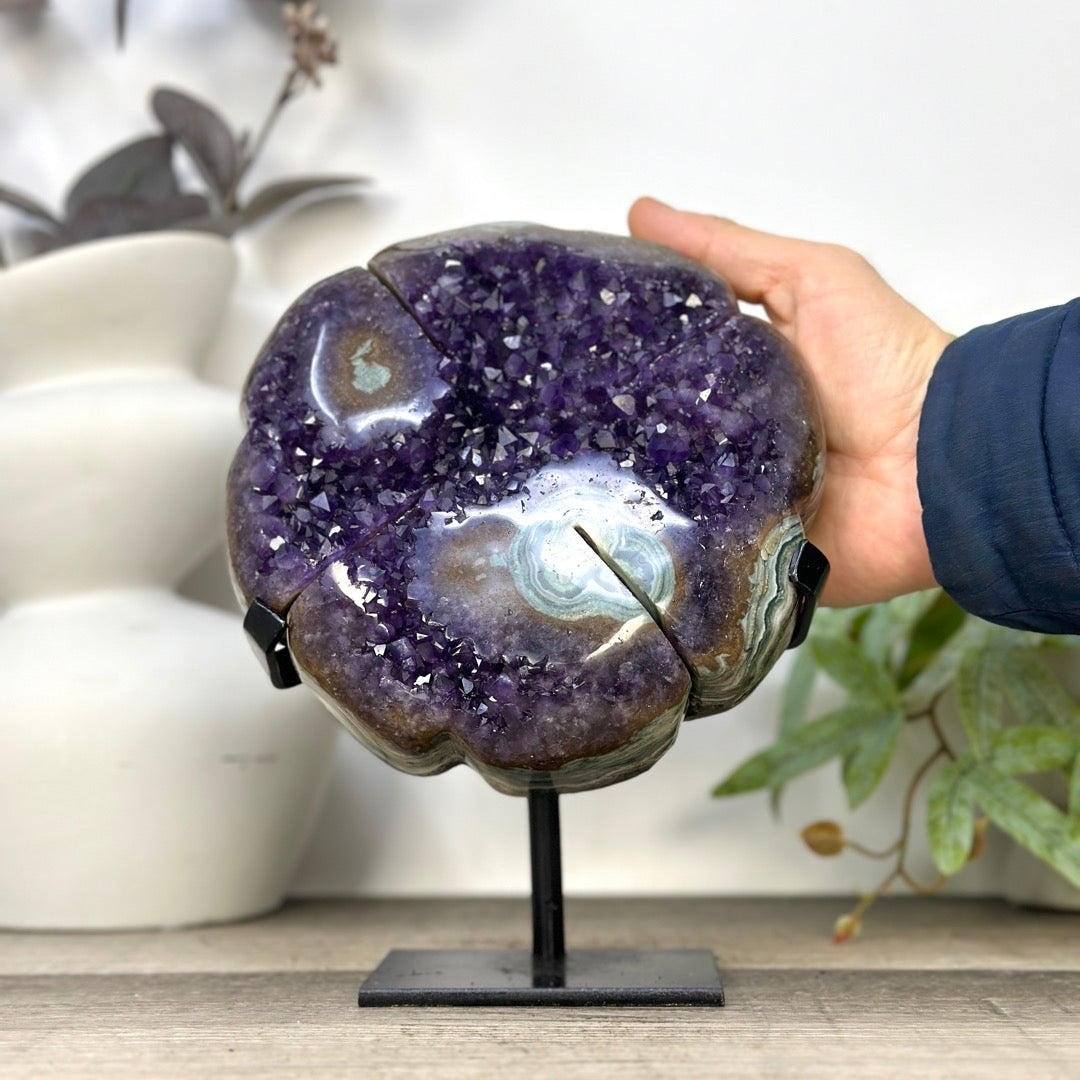Large Lucky Amethyst &amp; Green Jasper Clover on Metal Stand - MWS3277