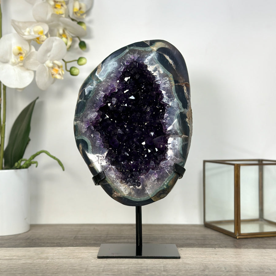 Deep Purple Amethyst Geode With Metal Stand – Elegant Crystal Display - MWS2700