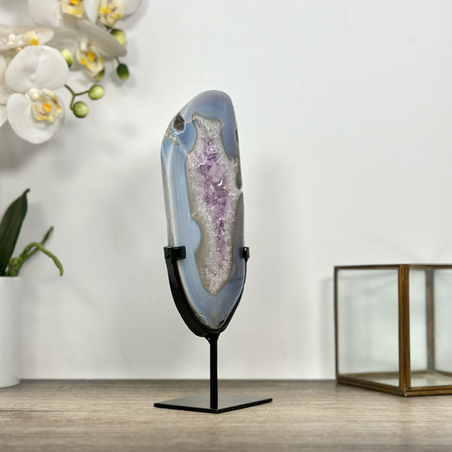 Natural Blue Banded Agate &amp; Amethyst Stone Slice on Stand - MWS3016