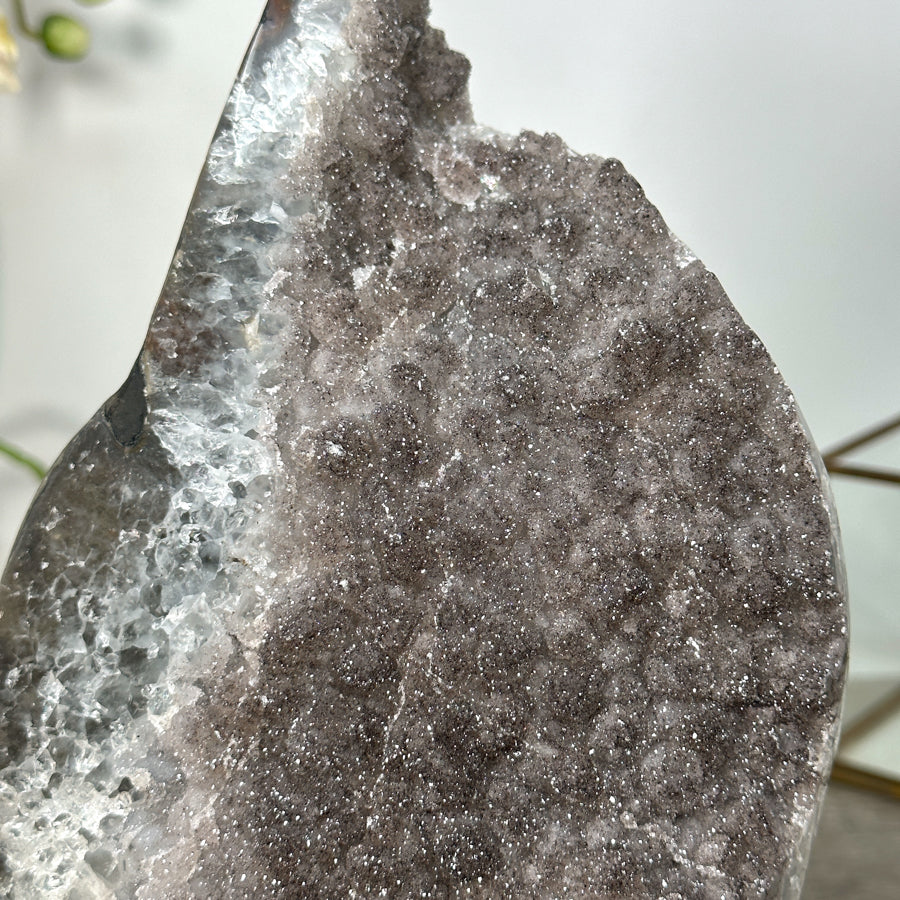 Smoky Sugar Quartz Geode on Metal Stand – Unique Crystal for Office Decor - MWS2740