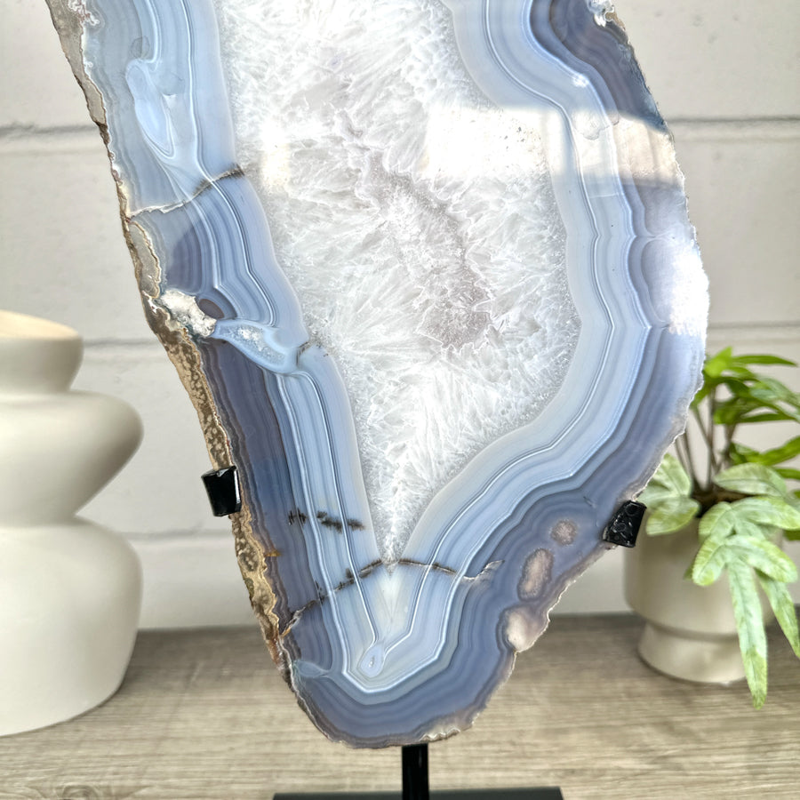 XXL Natural Blue Banded Agate &amp; Quartz Stone Slice on Stand - MWS3042