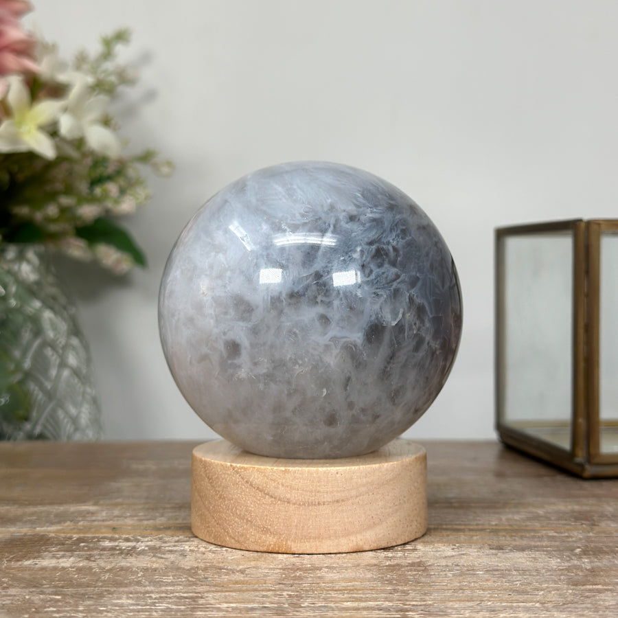 Stunning Quartz &amp; Agate Sphere with Wooden Stand with uilt-in LED Light - SPH0136