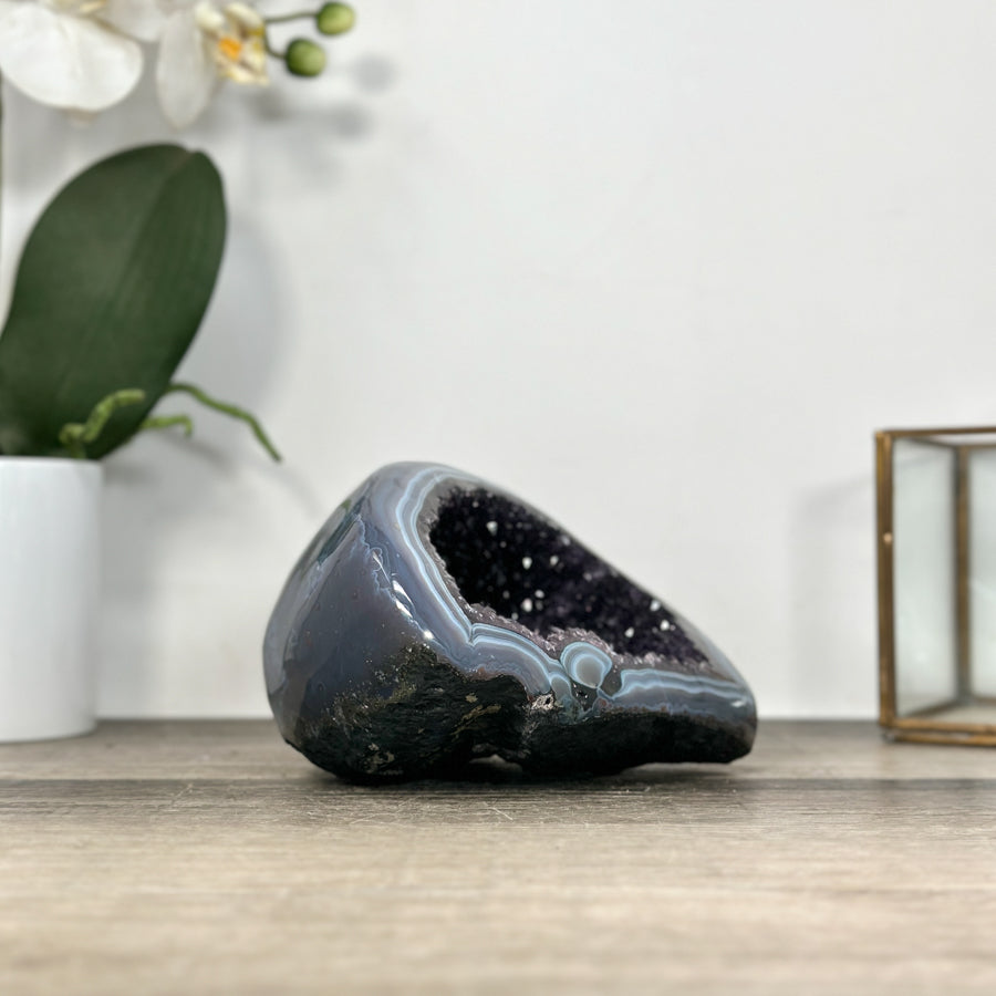 Natural Amethyst Druzy &amp; Blue Banded Agate Stone Geode - STGE0018