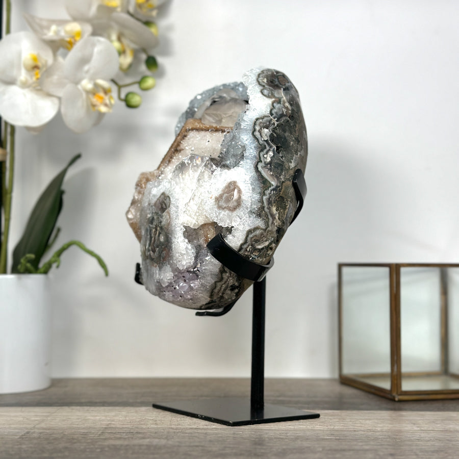 Quartz Crystal with Calite Geode on Stand Mineral Specimen