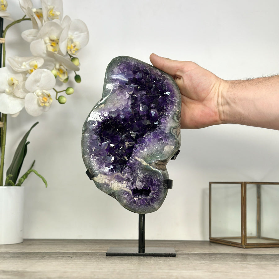 Large Natural Amethyst Stone with Green Jasper Shell on Metal Stand - MWS2820