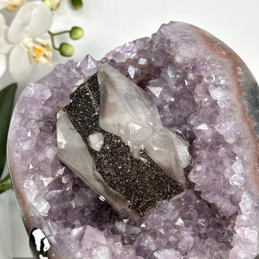 Amethyst Cluster with Unique Calcite &amp; Black Hematite Specimen - MWS2832