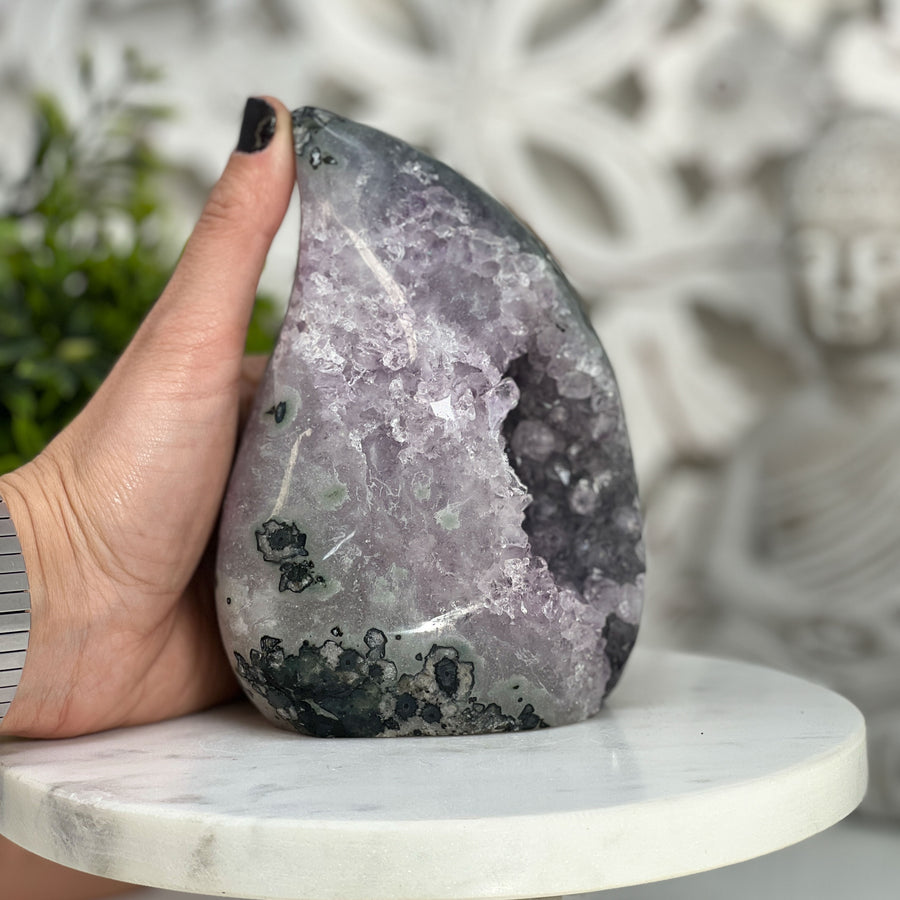 Natural Amethyst Flame Carving Geode - FST0083