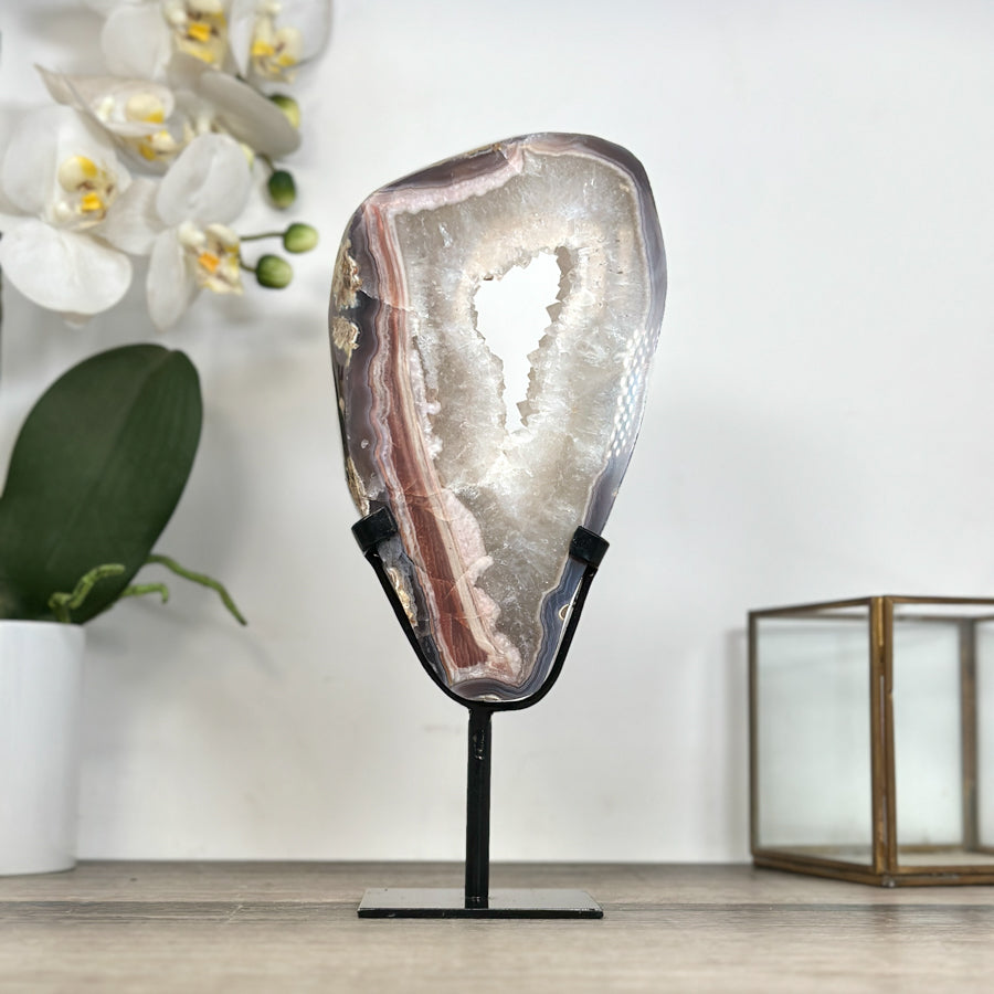 Jasper &amp; Quartz Slice with Druzy Crystals - Stand included - MWS2923