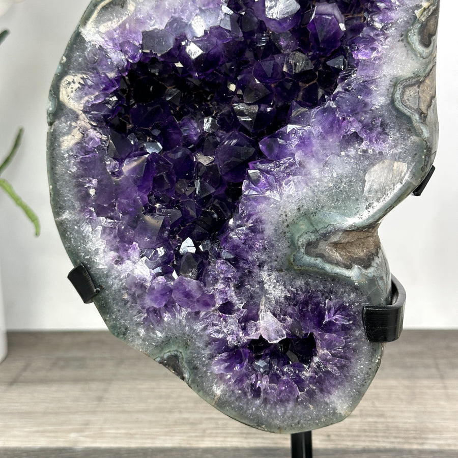 Large Natural Amethyst Stone with Green Jasper Shell on Metal Stand - MWS2820