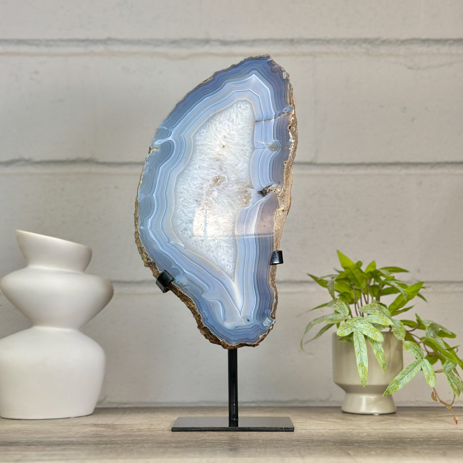 XXL Natural Blue Banded Agate &amp; Quartz Stone Slice on Stand - MWS3043