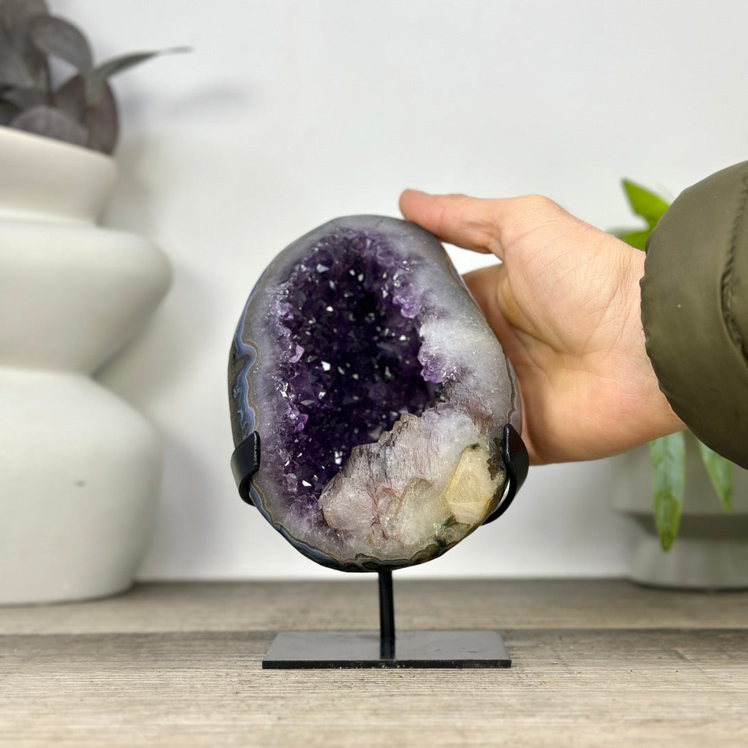 Uruguayan Amethyst Geode with Calcite Inclusion on Metal Stand - MWS3330