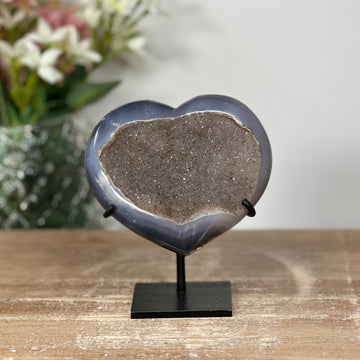 Natural Agate & Quartz Druzy Stone Heart Carving - HST0177