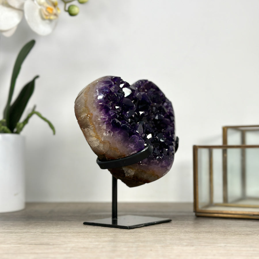 Amethyst Stone Heart Carving, Metallic Stand Included - HST0316