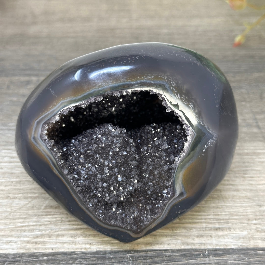 Polished Agate Stone Geode with Black Quartz Druzy - STGE0059