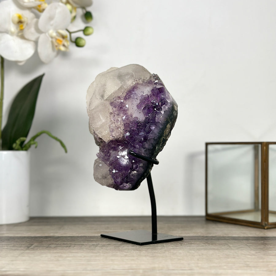 Natural Calcite &amp; Amethyst Specimen on Metallic Stand - MWS2766