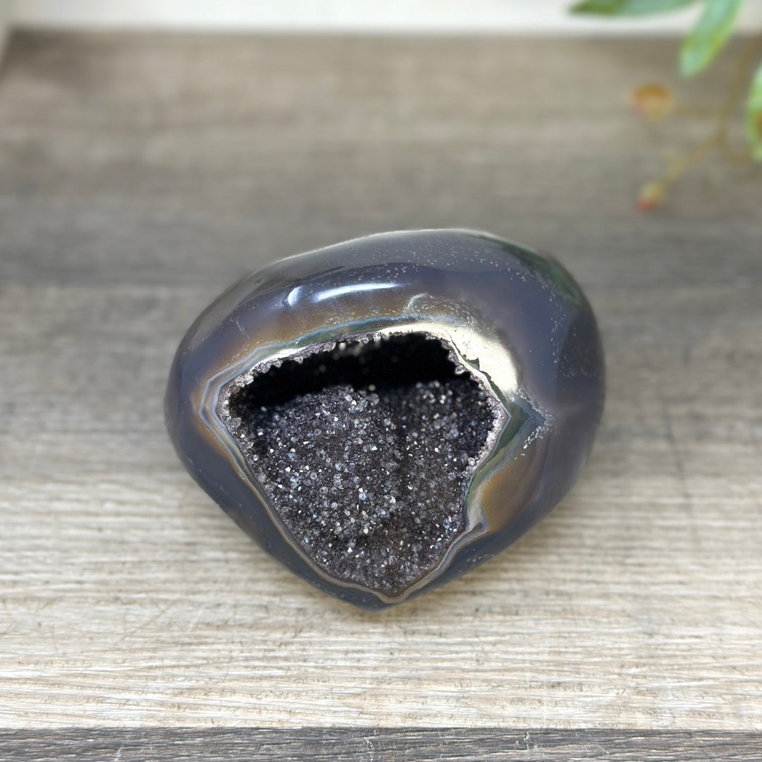 Polished Agate Stone Geode with Black Quartz Druzy - STGE0059