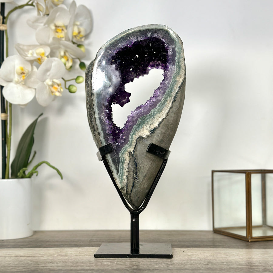 Deep Purple Amethyst Geode With Metal Stand – Unique Crystal Art - MWS2713