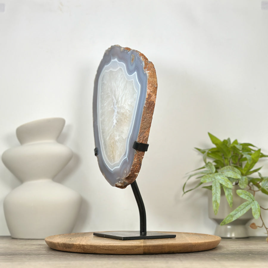 Blue Banded Agate &amp; Quartz Stone Slice on Metal Stand - MWS3036