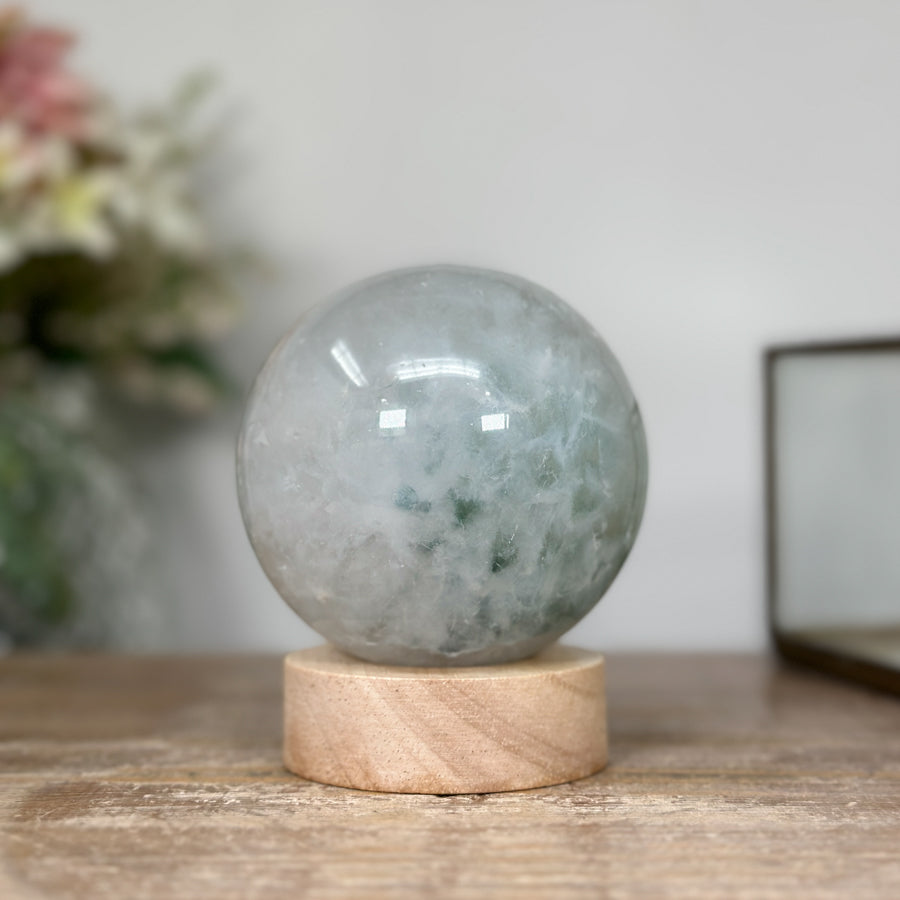 Green Sugar Quartz Sphere with Wooden Stand with uilt-in LED Light - SPH0140