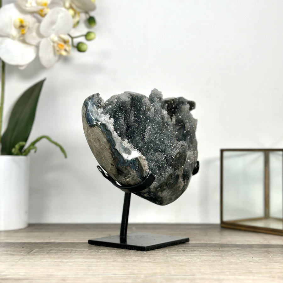 Rare Gray Quartz Druzy Cluster on Metal Stand - MWS2769