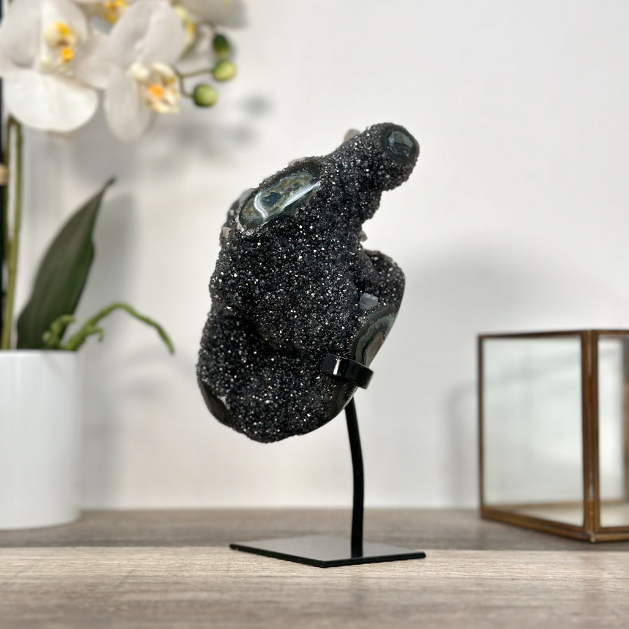 Black Druzy Quartz Crystal with Agate Mineral Specimen - MWS2622