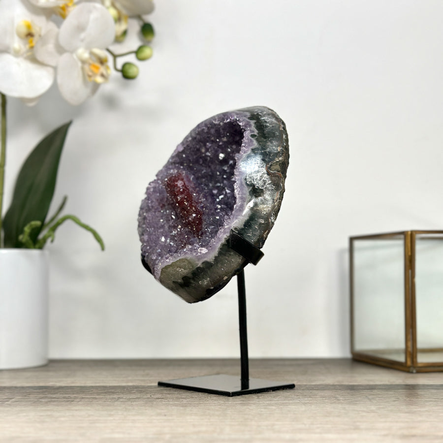 Amethyst Geode on Stand with Red Hematite &amp; Calcite Formation