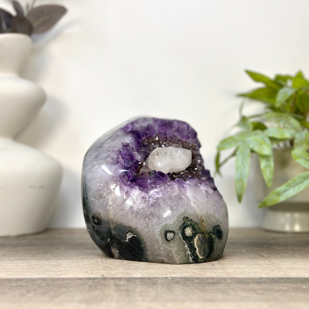 Amethyst Cluster with Calcite &amp; Black Hematite Specimen - CBP1425
