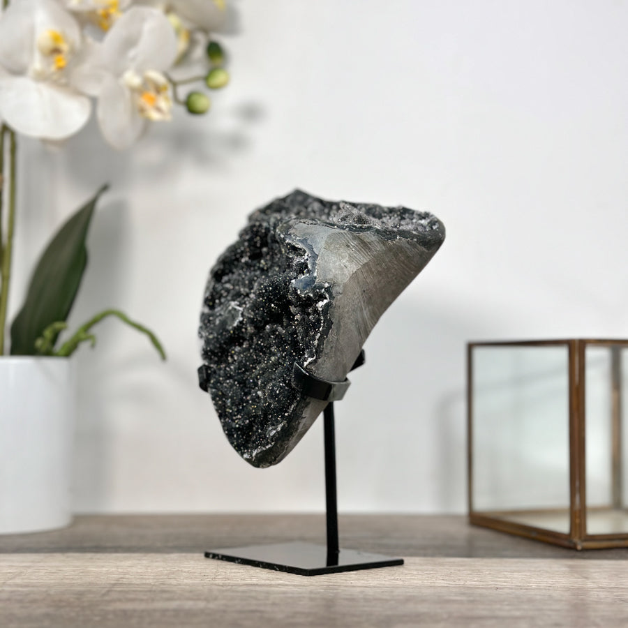 Black Druzy Mineral Specimen – Natural Crystal Cluster for Home Decor Display - MWS2621