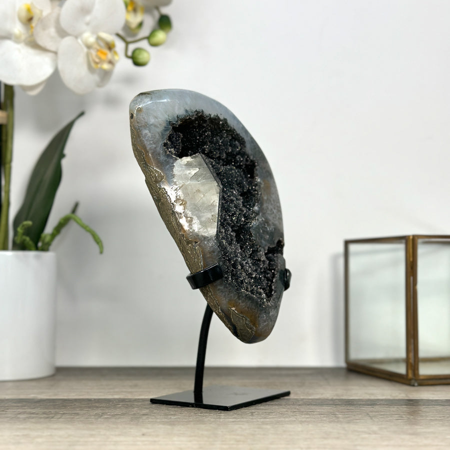 Black Amethyst Geode with Calcite Crystal Specimen - MWS2848