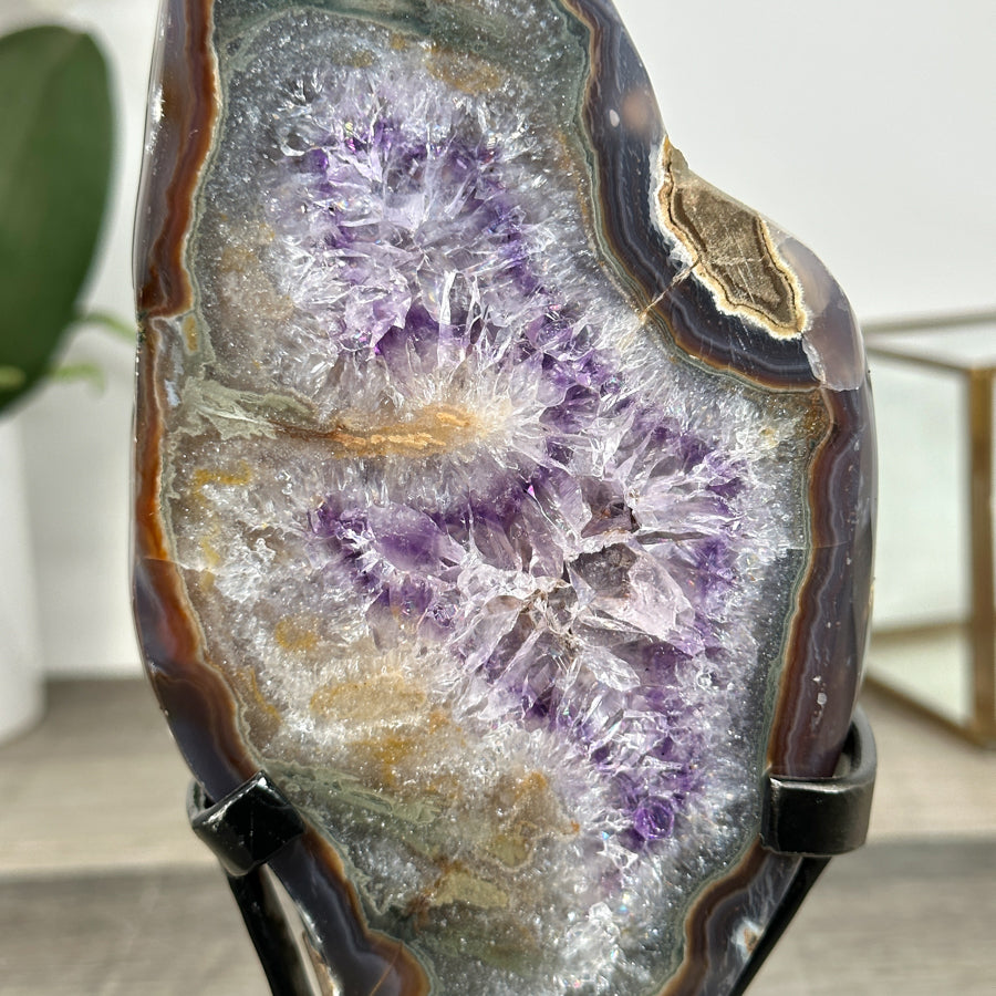 Agate Geode Slice with Purple Quartz Crystals - MWS2906