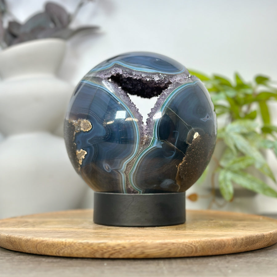 Blue Banded Agate &amp; Amethyst Druzy Sphere Geode - SPH0194