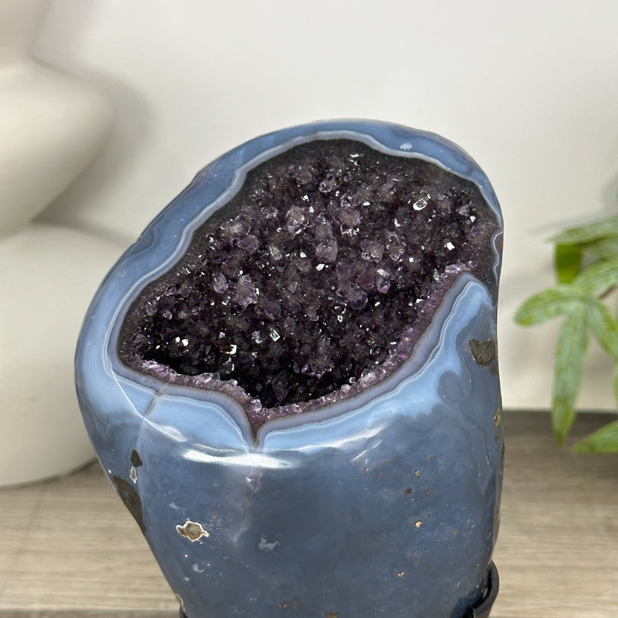 Polished Blue Agate &amp; Amethyst Geode on Stand - MWS3186