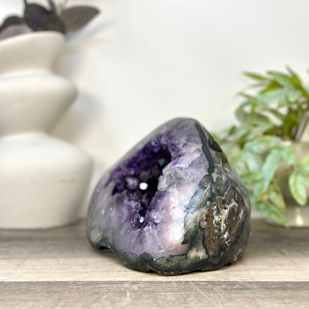 Natural Deep Purple Amethyst Geode with Calcite Inclusion - STGE0052