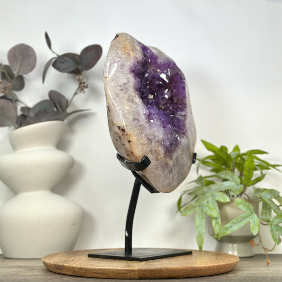 Natural Amethyst &amp; Quartz Stone Specimen on Metal Stand - MWS3139