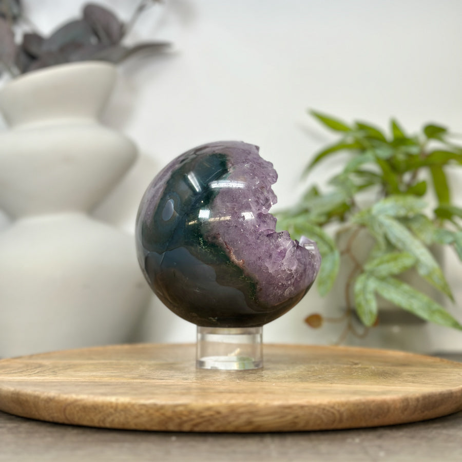 Amethyst &amp; Agate Sphere Geode with Crystal Druzy - SPH0183