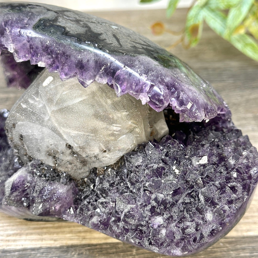 Natural Uruguayan Amethyst Geode with Calcite Formation Covered with Sugar Quartz Crystals - CBP1412