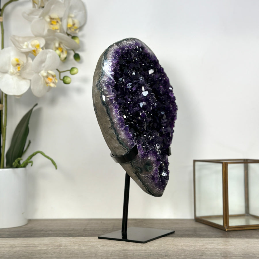 A+ Grade Amethyst Geode on Metal Stand – Stunning Crystal Decor for Shelf Display - MWS2708