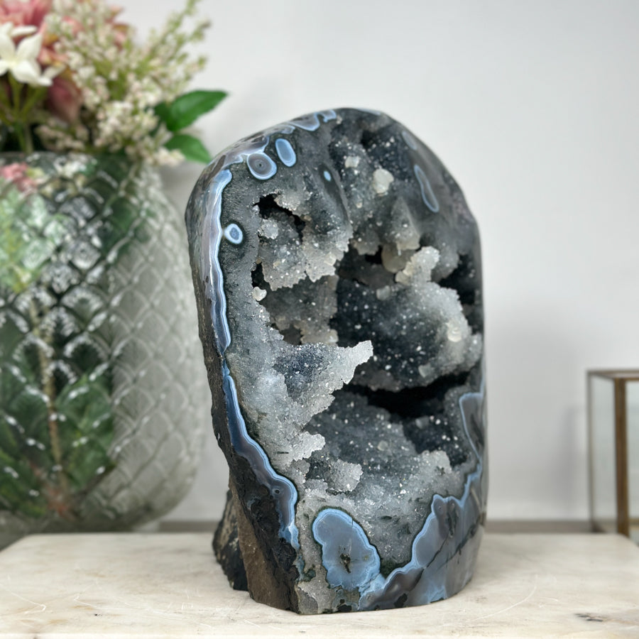 Unique Large Quartz Geode with Blue agate Shell full of Stalactites - CBP1074
