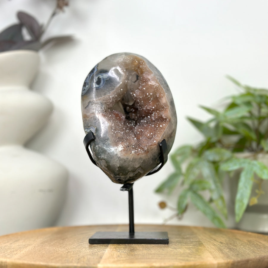 Natural Peach Tone Sugar Quartz Crystal Geode with Calcite Inclusion - MWS3254