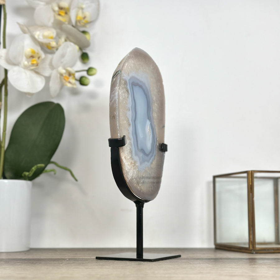 Blue Banded Agate Slice on Stand – Natural Stone Display Statement Piece - MWS2920