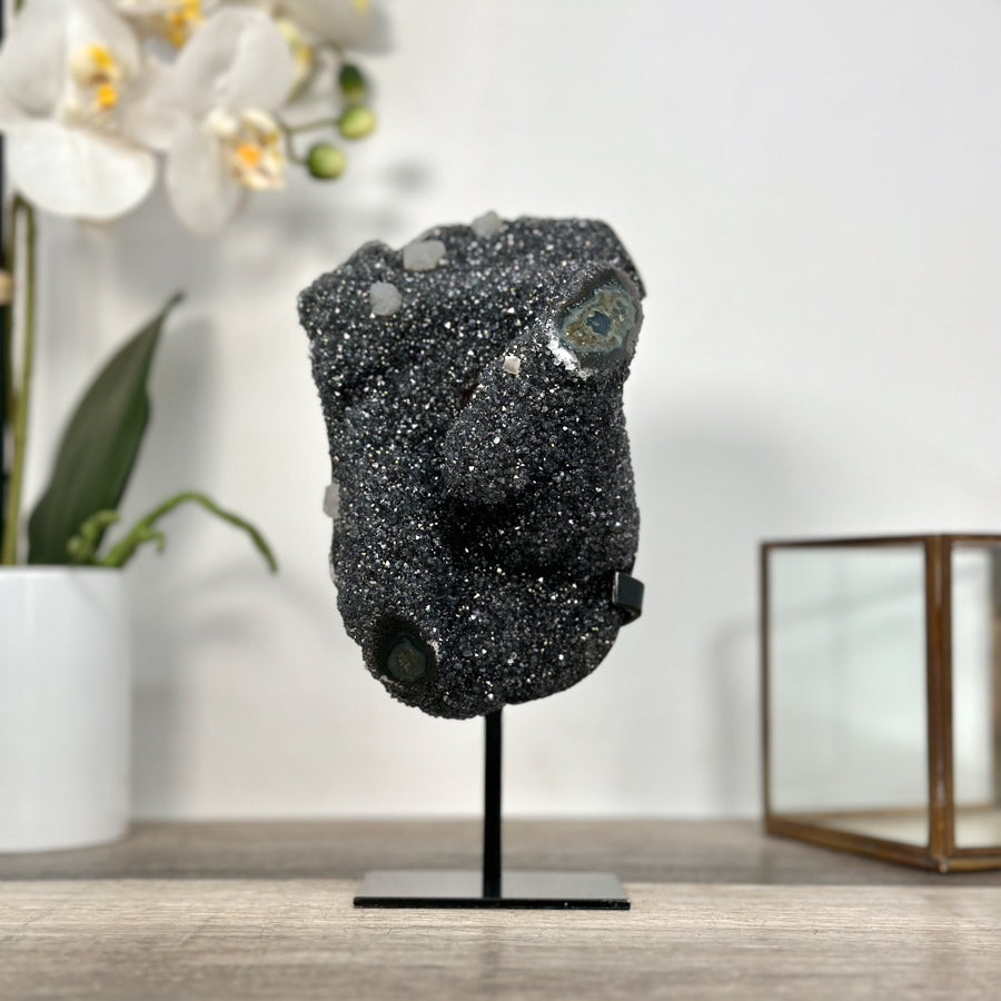 Black Druzy Quartz Crystal with Agate Mineral Specimen - MWS2622