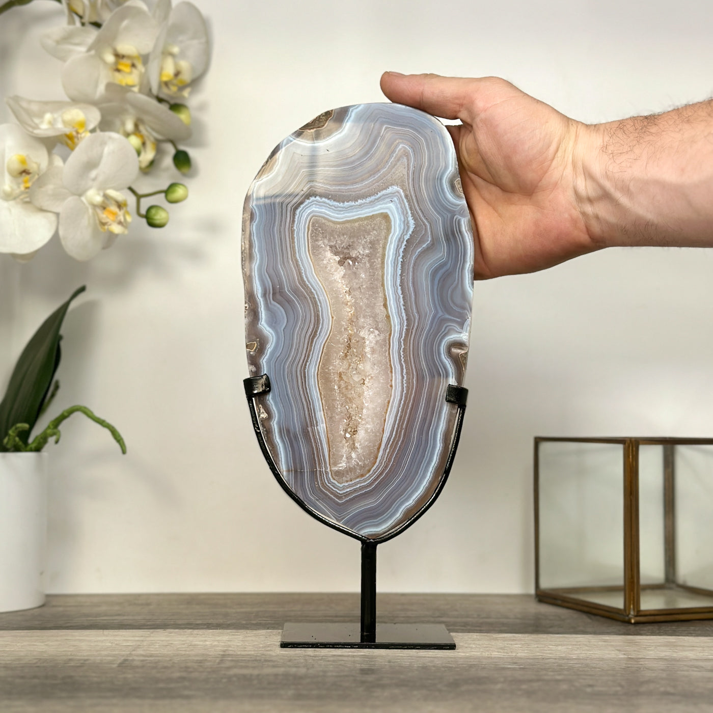 Blue Banded Agate Slice on Stand – Home Decor Display Specimen - MWS2663