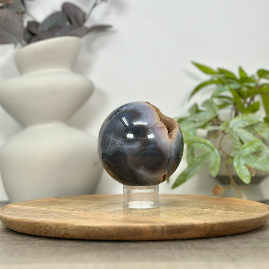 Blue Banded Agate Druzy Sphere Geode with Orange Tone Crystal Cavity - SPH0152
