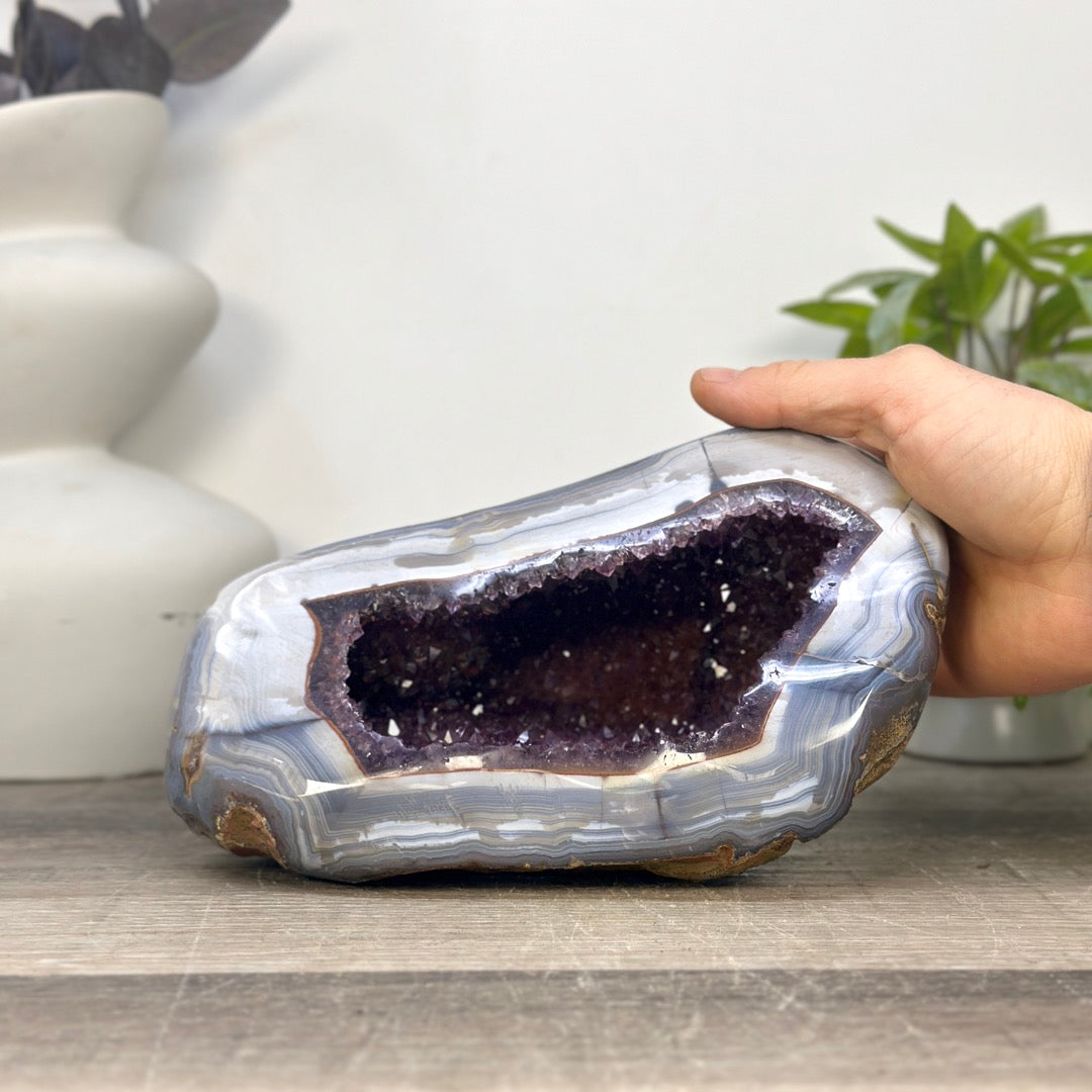 Large Blue Banded Agate &amp; Amethyst Stone Geode - STGE0114