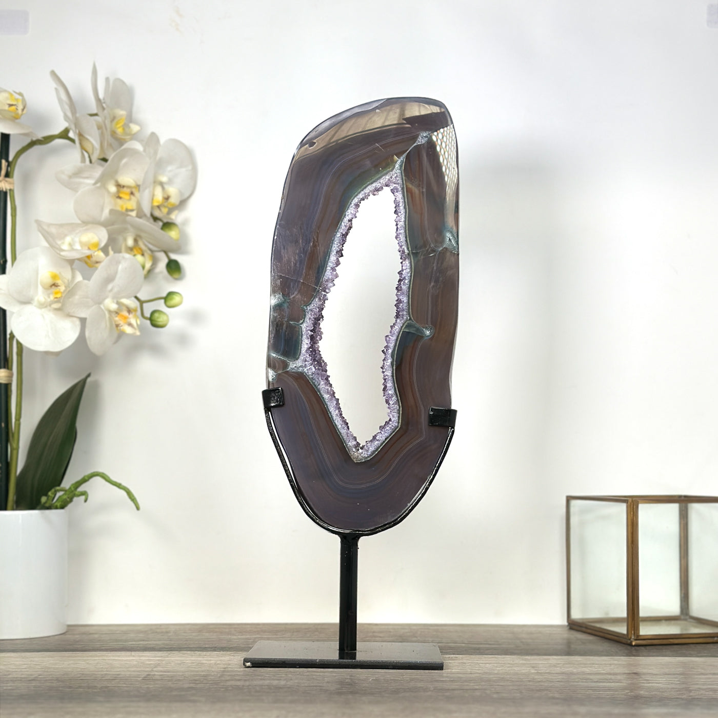 Amethyst &amp; Agate Slice on Stand – Home Decor Crystal Display Specimen - MWS2673