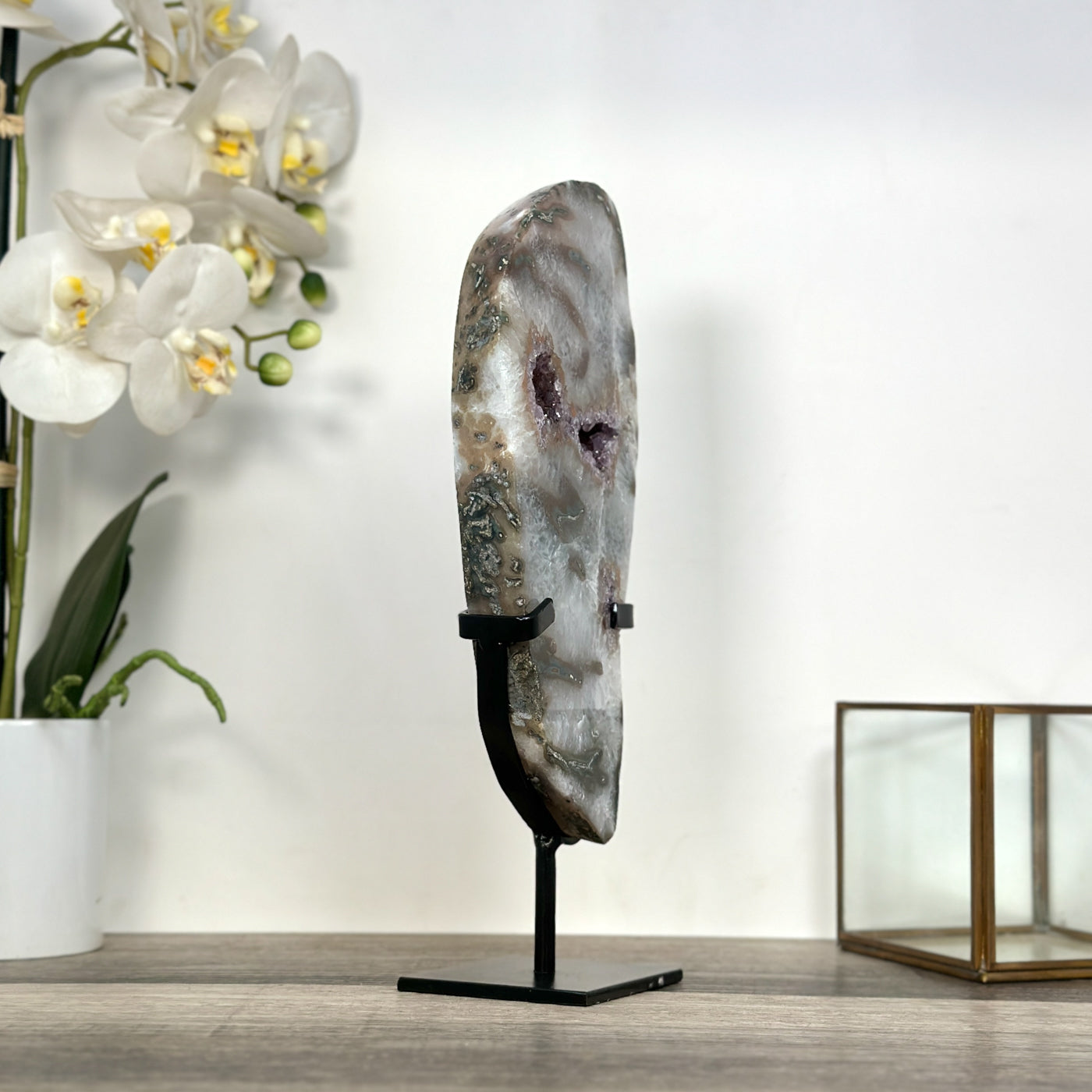 Natural Agate Slice with Amethyst Crystal Cavities for Home Decor Display - MWS2664