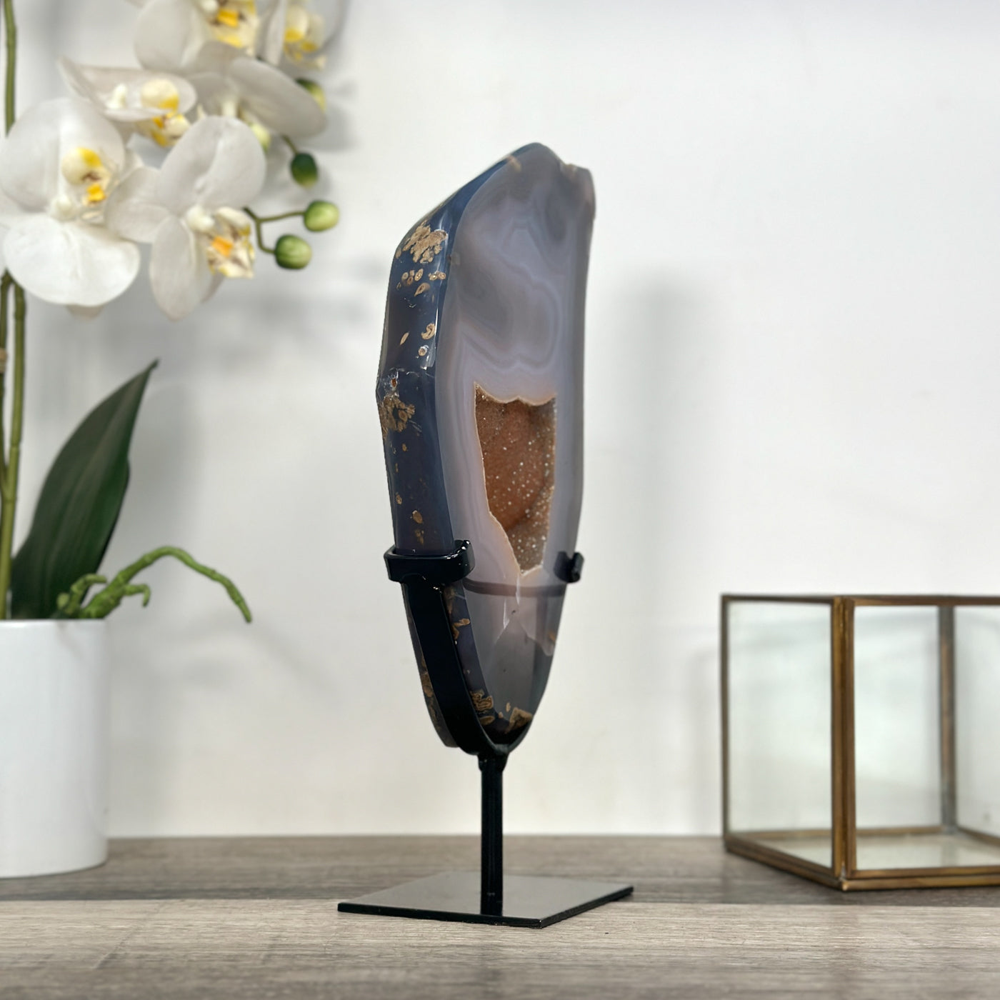 Agate Slice with Druzy Center - Blue Banding for Home Decor Display - MWS2655